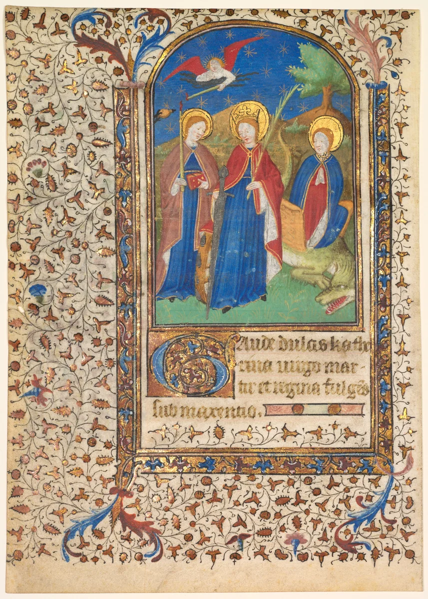 Leaf from a Book of Hours: Sts. Geneviève, Catherine of Alexandria, and Margaret (recto) by Boucicaut Master, manuscript, 1410-1420