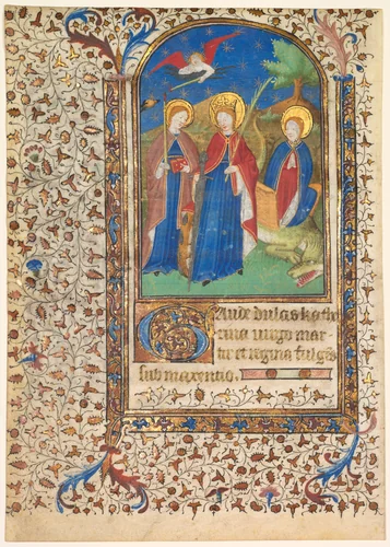 Leaf from a Book of Hours: Sts. Geneviève, Catherine of Alexandria, and Margaret (recto) by Boucicaut Master, manuscript, 1410-1420