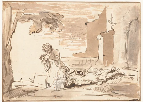 Thisbe bij het lijk van Pyramus by Ferdinand Bol, drawing, 1628-1680