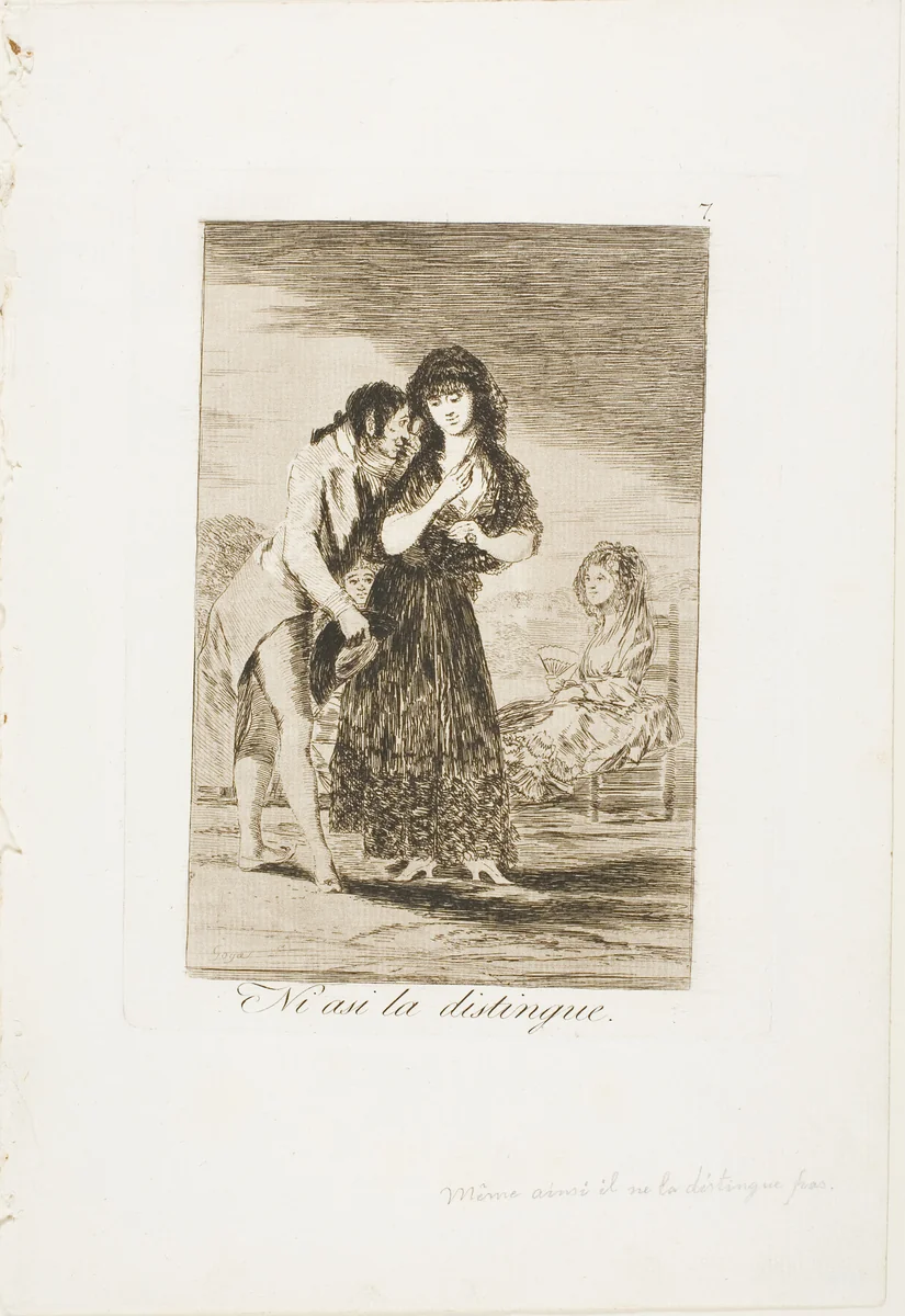 Even Thus he Cannot Make Her Out, plate seven from Los Caprichos by Francisco José de Goya, print, 1797-1799