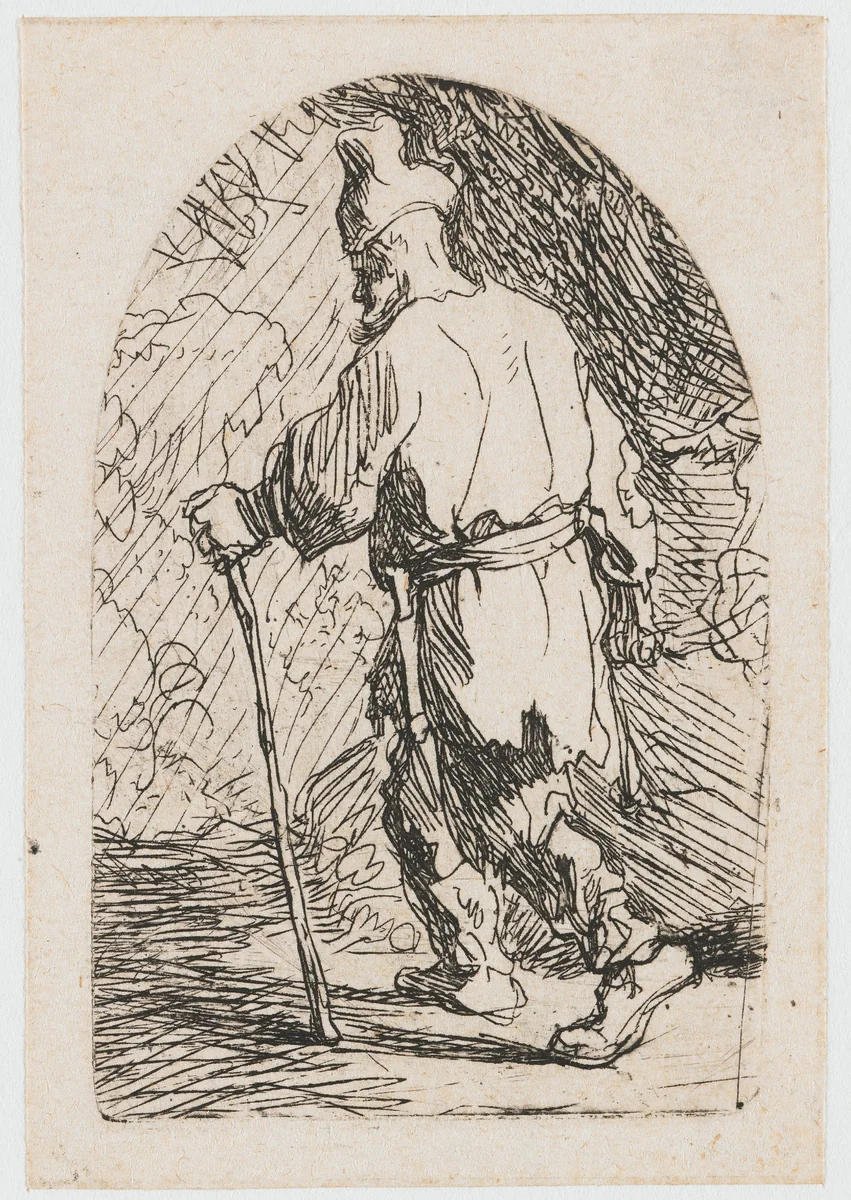 The flight into Egypt: a sketch: St Joseph by Rembrandt van Rijn, print, 1628