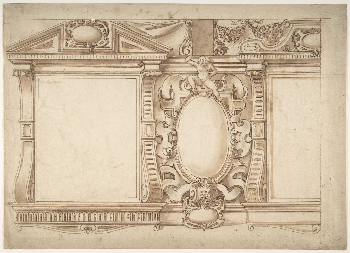 Design for an Interior Wall with Pedimented Niches or Windows, Flanking a Cartouche by anonymous, drawing, 1500-1700