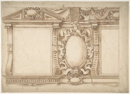 Design for an Interior Wall with Pedimented Niches or Windows, Flanking a Cartouche by anonymous, drawing, 1500-1700