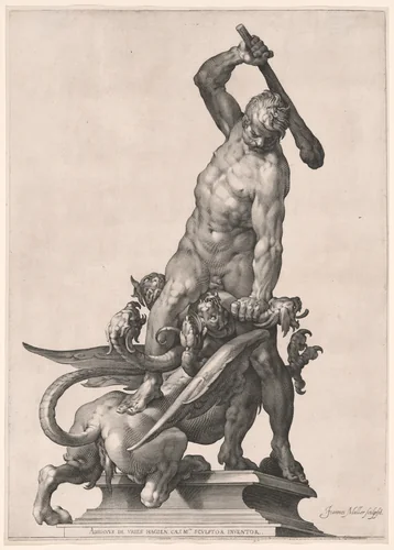Hercules Slaying the Hydra by Jan Harmensz. Muller, print, 1597-1607