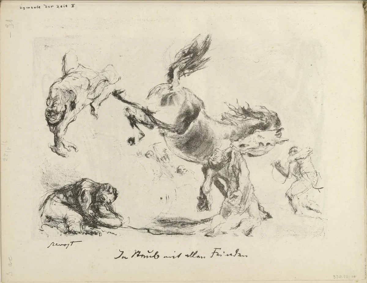 Signs of the Times V: Into Dust with All Enemies (Symbole der Zeit V: In Staub mit allen Feinden) (plate, folio 13 verso) from the periodical Der Bildermann, vol. 1, no. 6 (Jun 1916) by Max Slevogt, periodical, 1916