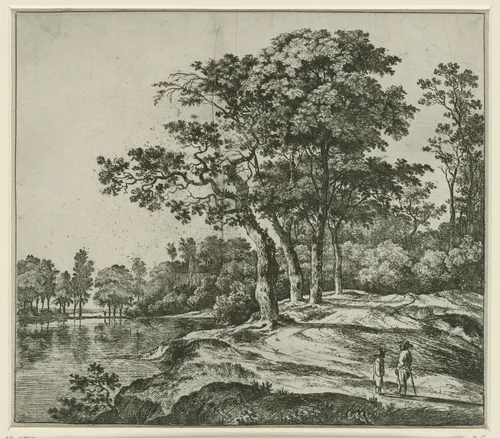 Landschap met een groep van vier bomen by Jan Hackaert, print, 1640-1699