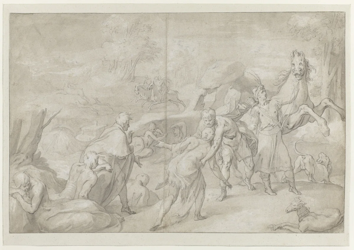 Krijgsman begroet een oude man by Toussaint Dubreuil, drawing, 1571-1602