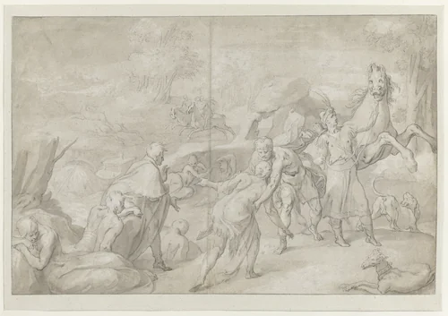 Krijgsman begroet een oude man by Toussaint Dubreuil, drawing, 1571-1602