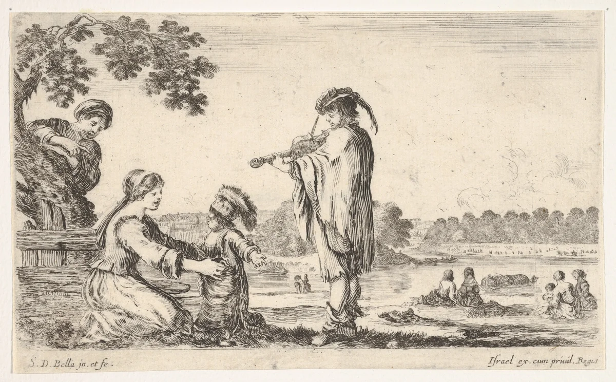 A man playing the violin in center, turned towards the left in profile, a seated woman to left playing with her dancing child, another woman standing and pointing behind a tree to left, seated women in a landscape to right in the background, from "Various figures and lands" (Diverse figure e paesi) by Stefano della Bella, print, 1649