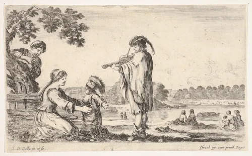 A man playing the violin in center, turned towards the left in profile, a seated woman to left playing with her dancing child, another woman standing and pointing behind a tree to left, seated women in a landscape to right in the background, from "Various figures and lands" (Diverse figure e paesi) by Stefano della Bella, print, 1649