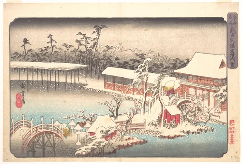 Tenmangū Shrine at Kameido in Snow by Utagawa Hiroshige (歌川広重), print, 1615-1868