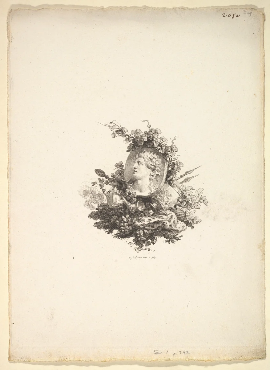 Vignette with the Head of Bacchus on a Cornelian, Tome I, Page 242, from Description des Principales Pierres gravées du Cabinet de S.A.S. Monseigneur le Duc d'Orléans Premier Prince du sang. A Paris chez M. l'abbé de la Chau au Palais-Royal M. l'abbé Le Blond au collége Mazarin Et chez Pissot, libraire, quai des Augustins by Augustin de Saint-Aubin, print, 1778-1780