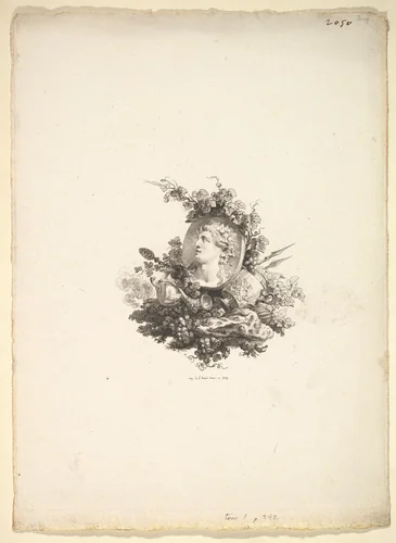 Vignette with the Head of Bacchus on a Cornelian, Tome I, Page 242, from Description des Principales Pierres gravées du Cabinet de S.A.S. Monseigneur le Duc d'Orléans Premier Prince du sang. A Paris chez M. l'abbé de la Chau au Palais-Royal M. l'abbé Le Blond au collége Mazarin Et chez Pissot, libraire, quai des Augustins by Augustin de Saint-Aubin, print, 1778-1780