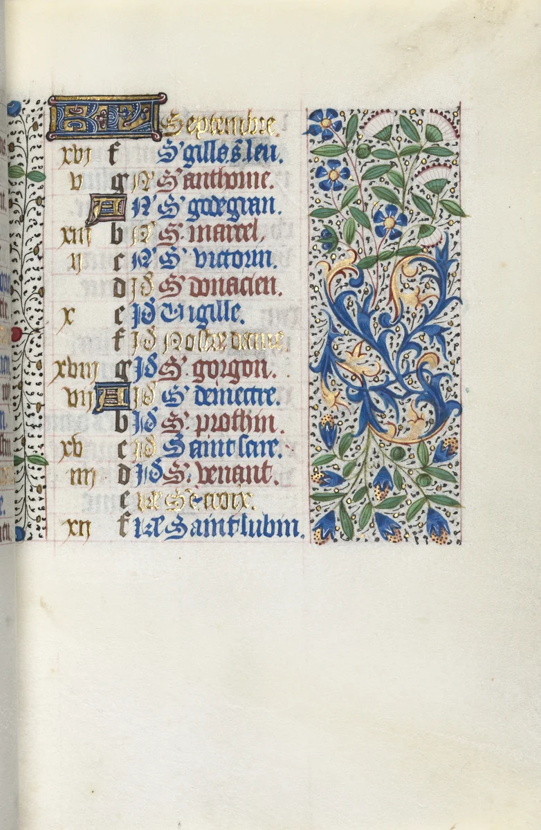 Book of Hours (Use of Rouen): fol. 9r, Calendar Page for September by Master of the Geneva Latini, book, 1465-1475
