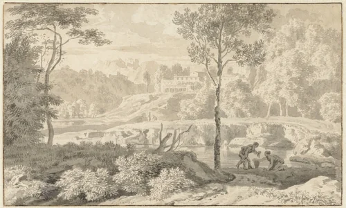 Arcadian Landscape with Figures by a Lake by Johannes Glauber, drawing, 1684