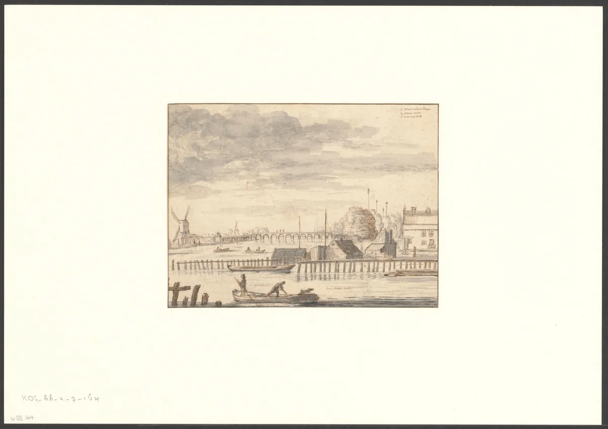 Gezicht op de Hogesluis bij de Amstel by anonymous, drawing, 1600-1699