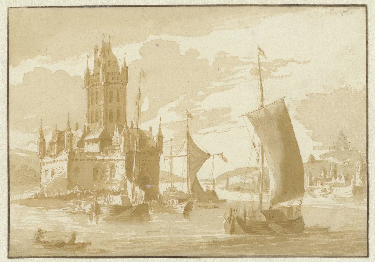 Kasteel Rheinpfalz bij Kaub by Abraham Rademaker, drawing, 1685-1735