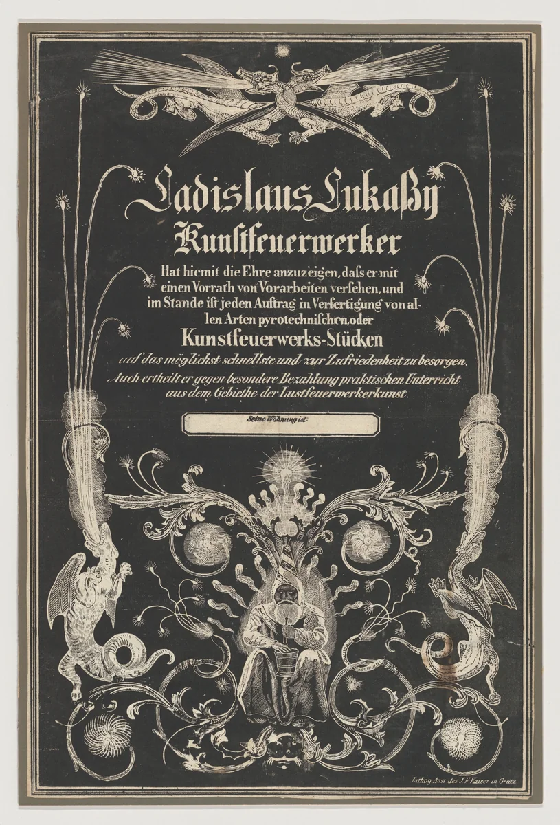 Trade card for Ladislas Lukassy Kunstfeuerwerker by Joseph Franz Kaiser, print, 1800-1900