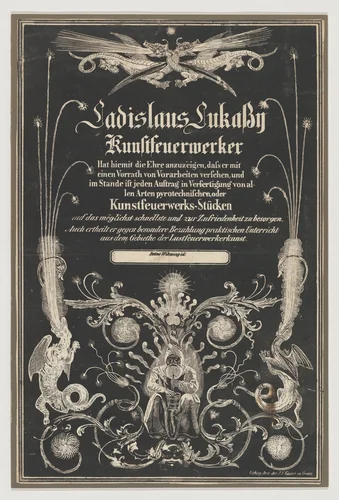 Trade card for Ladislas Lukassy Kunstfeuerwerker by Joseph Franz Kaiser, print, 1800-1900