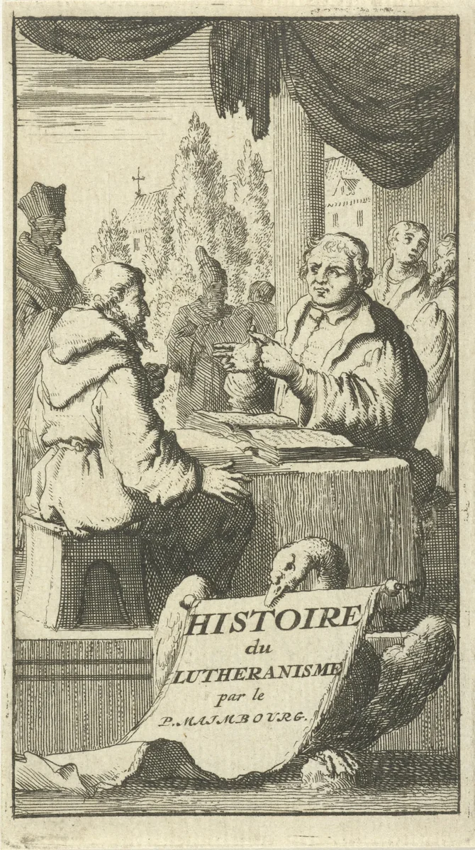 Discussie tussen Luther en een monnik by Jan Luyken, print, 1681