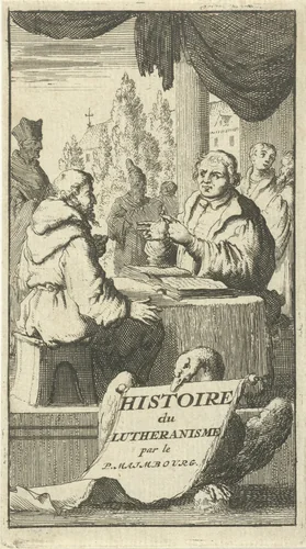 Discussie tussen Luther en een monnik by Jan Luyken, print, 1681