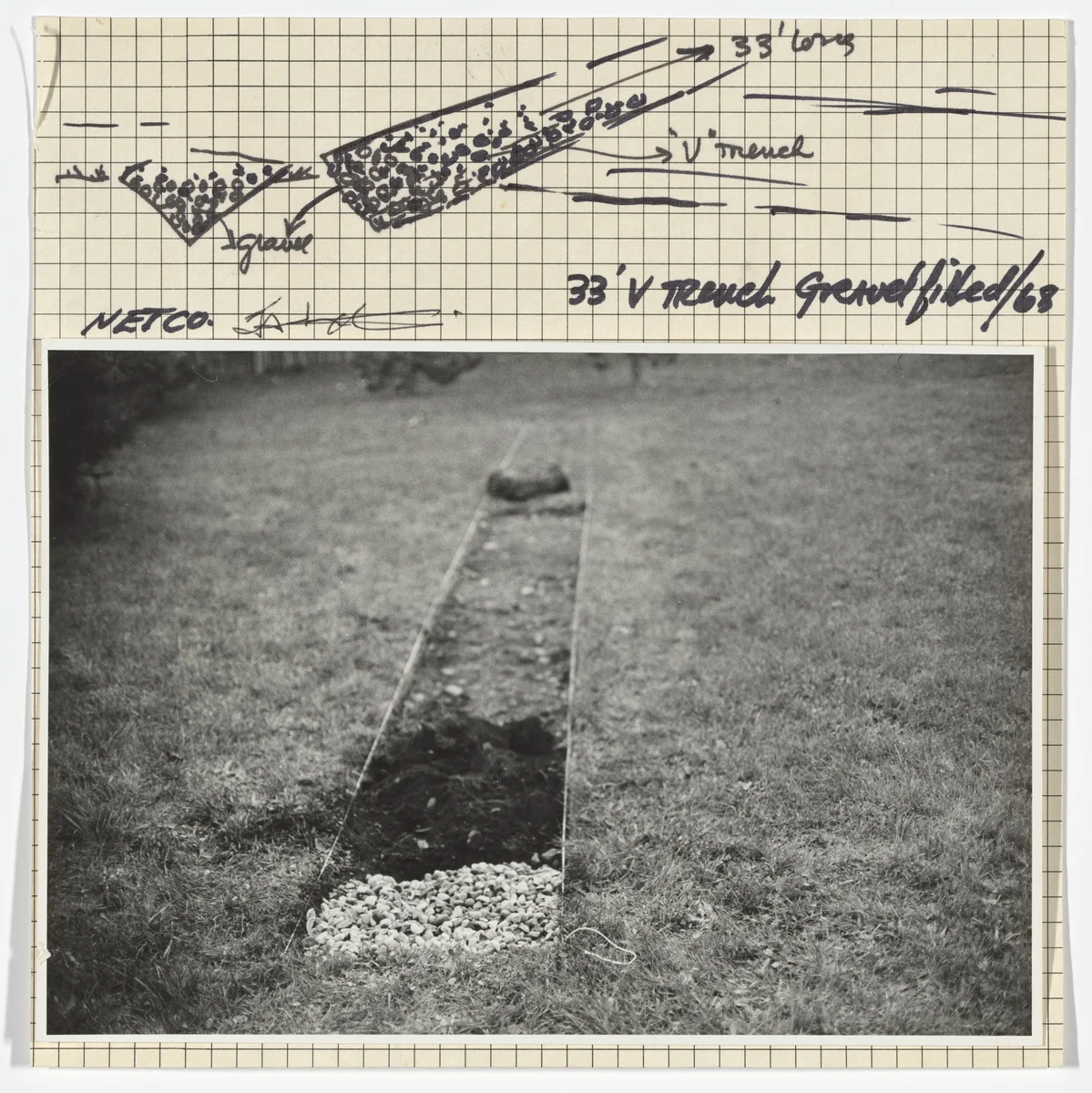 33' V Trench Gravel Filled by Iain Baxter, Ingrid Baxter, drawing, 1968