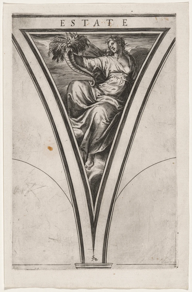 Estate (Summer or Ceres) by Cherubino Alberti, Polidoro da Caravaggio, print, 1570-1615