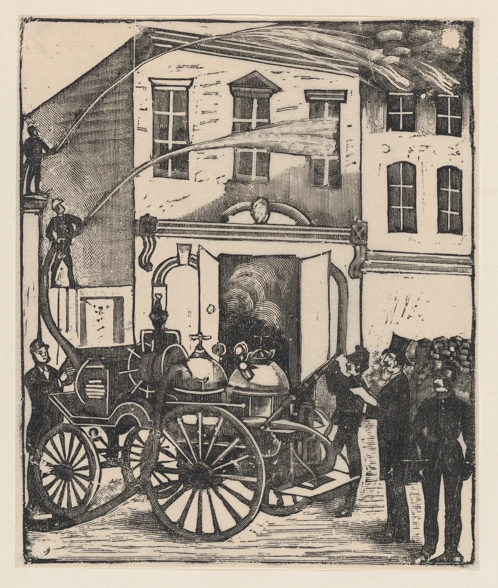 Firefighters putting out a fire in a house, firetruck in foreground by José Guadalupe Posada, print, 1875-1885