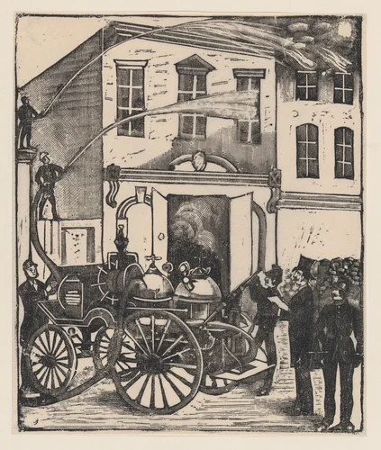 Firefighters putting out a fire in a house, firetruck in foreground by José Guadalupe Posada, print, 1875-1885