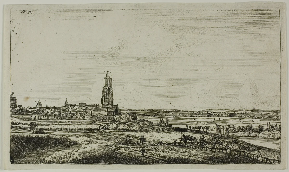 View of a Dutch Town (Rhenan) by Anthonie Waterloo, print, 1630-1690