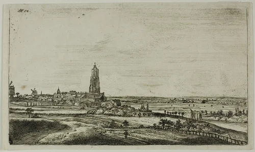 View of a Dutch Town (Rhenan) by Anthonie Waterloo, print, 1630-1690