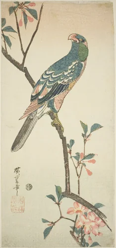 Parrot on a blossoming branch by Utagawa Hiroshige (歌川広重), print, 1830-1840
