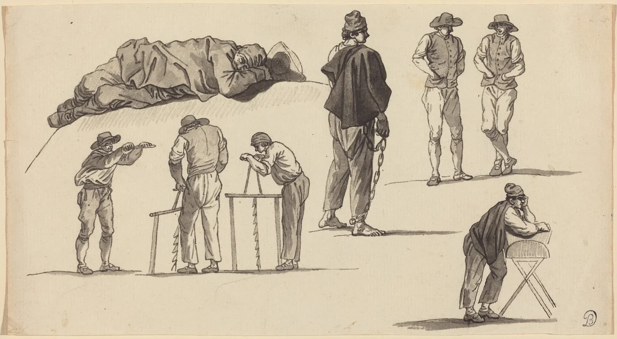 Figure Studies, Including One Man Sleeping on the Ground and Two Men Sawing by Claude Joseph Vernet, drawing, 1714-1789