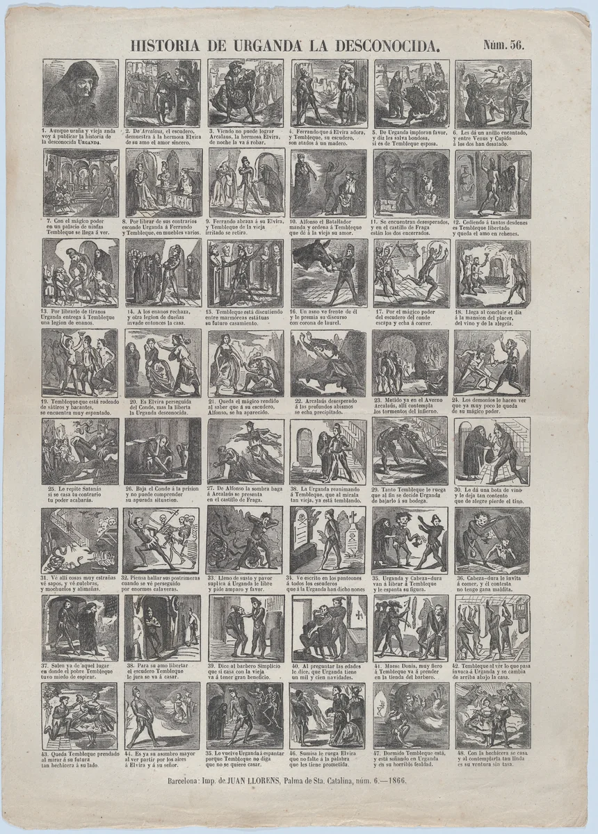 Broadside with 48 scenes illustrating the story of Urganda the Unknowable by Juan Llorens, print, 1866