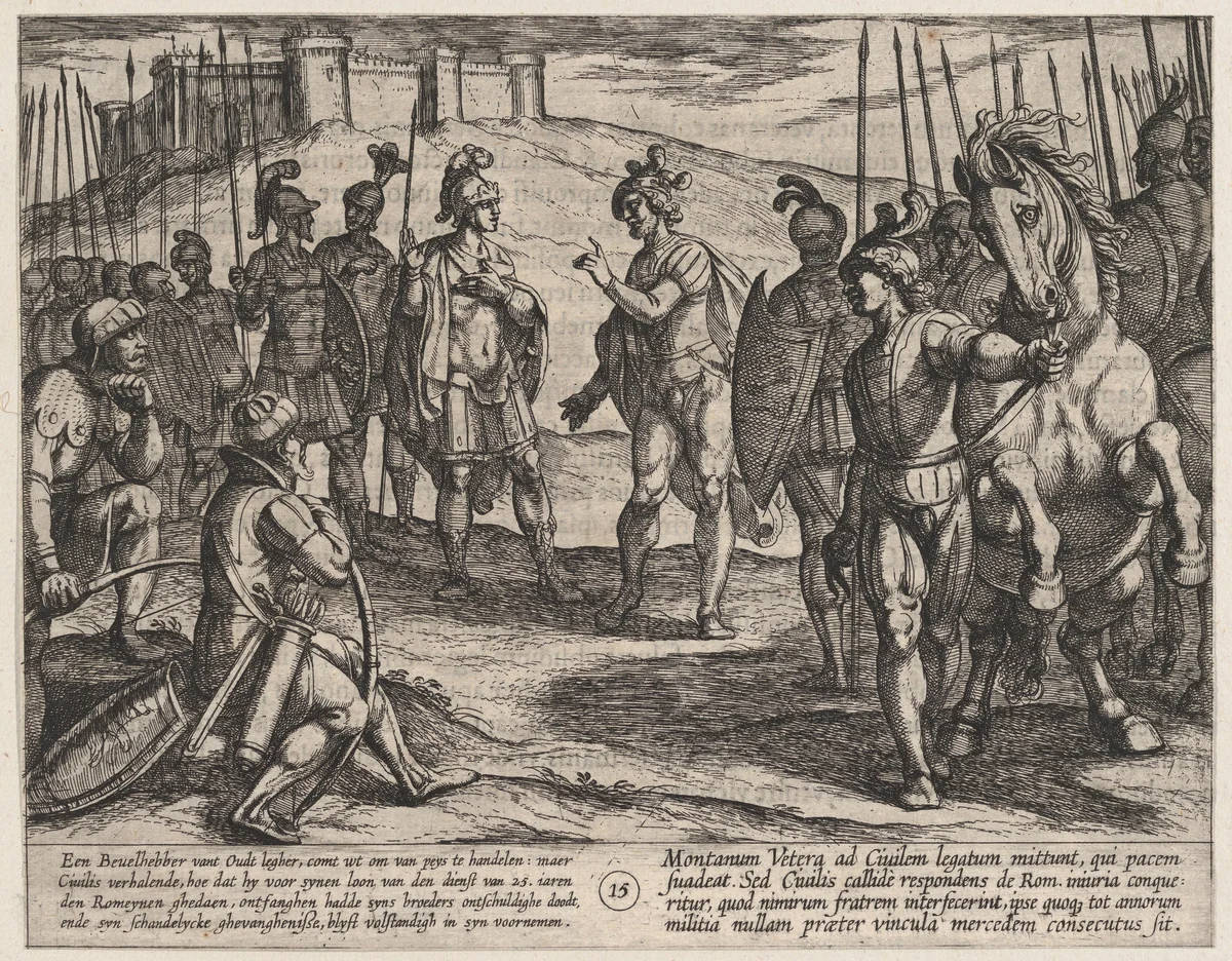 Plate 15: Civilis Treating with a Roman Commander, from The War of the Romans Against the Batavians (Romanorvm et Batavorvm societas) by Antonio Tempesta, print, 1611-1612
