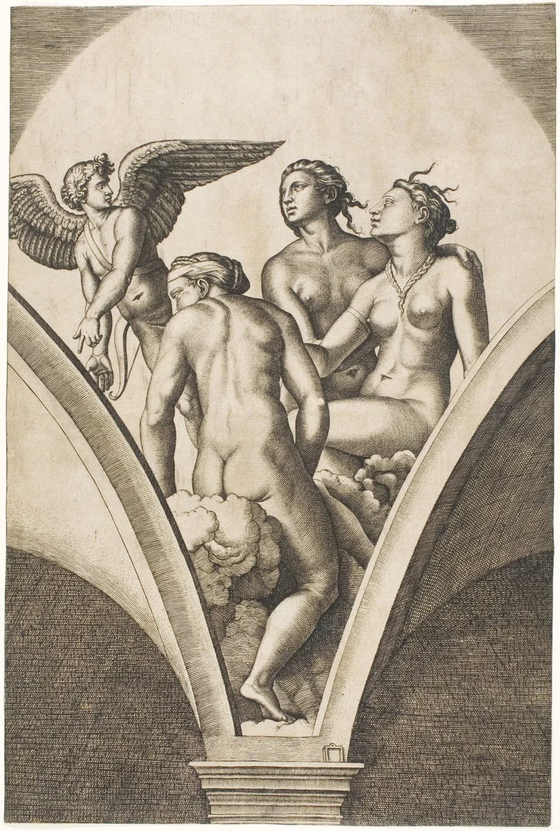 Cupid and the Three Graces by Marcantonio Raimondi, print, 1518-1519
