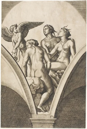Cupid and the Three Graces by Marcantonio Raimondi, print, 1518-1519
