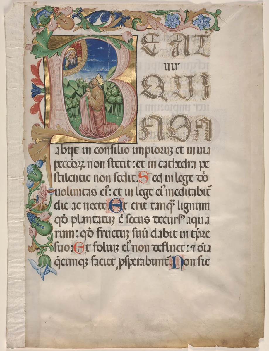 Leaf from a Choir Psalter: Initial B with King David in Prayer by Maestro del Messale Barbo, manuscript, 1455-1475