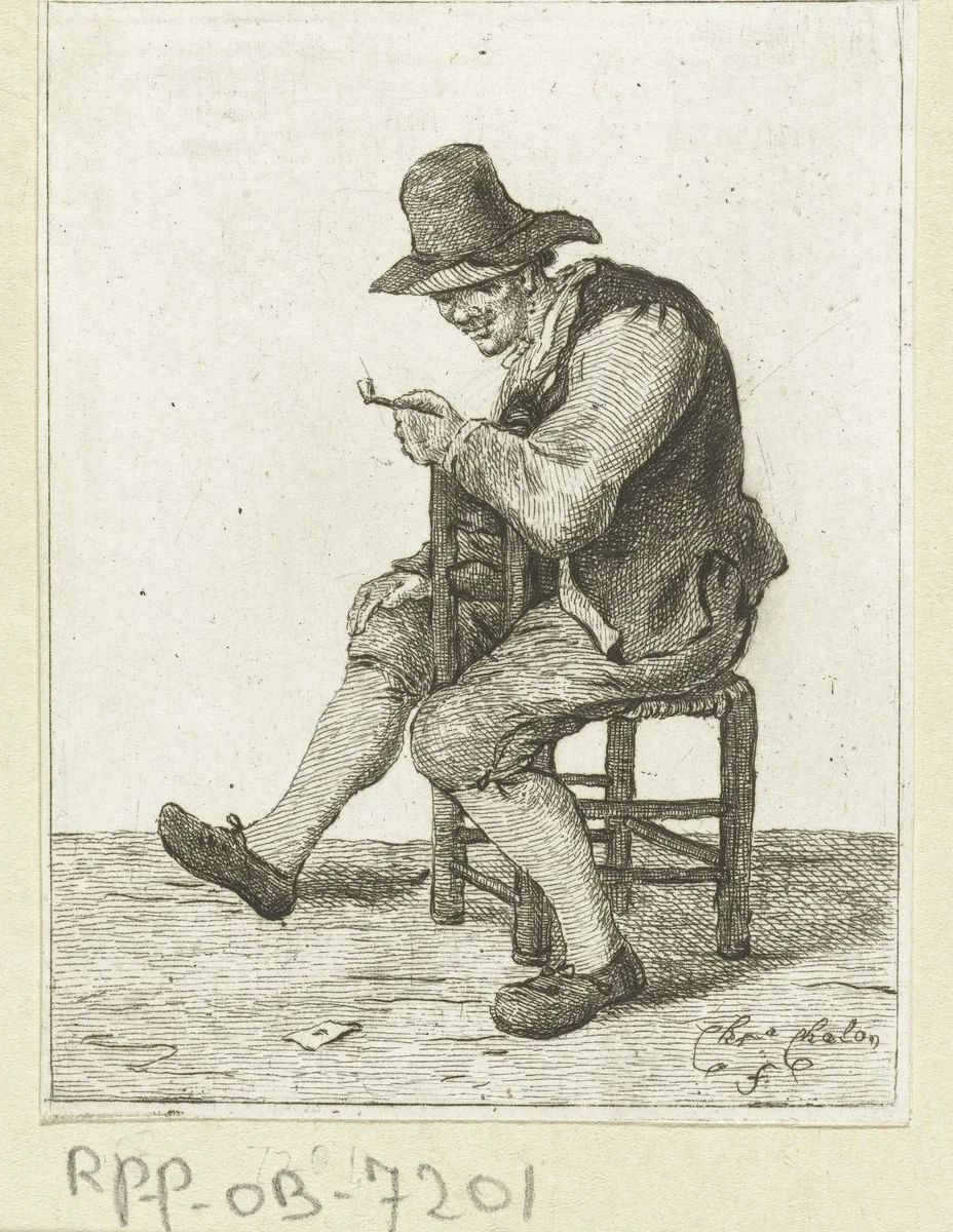 Zittende man met pijp by Pieter de Mare, print, 1779