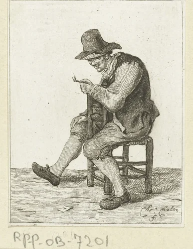 Zittende man met pijp by Pieter de Mare, print, 1779