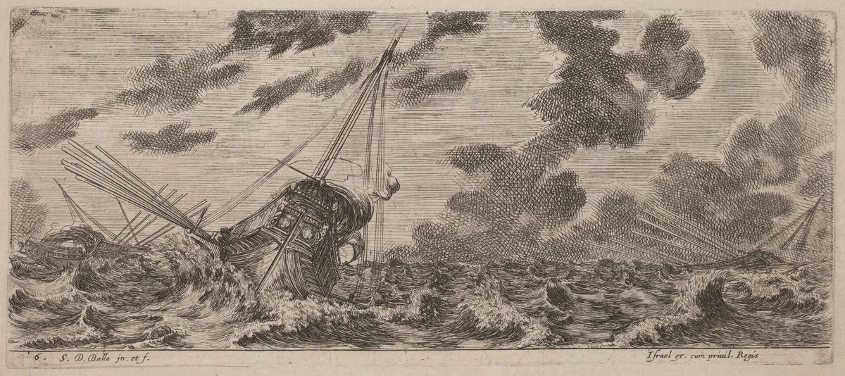 Ship in Tempest by Stefano della Bella, print, 1644