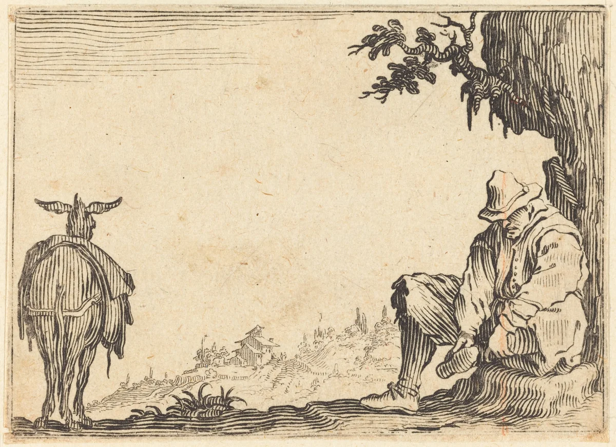 Peasant Removing His Shoe by Jacques Callot, print, 1622