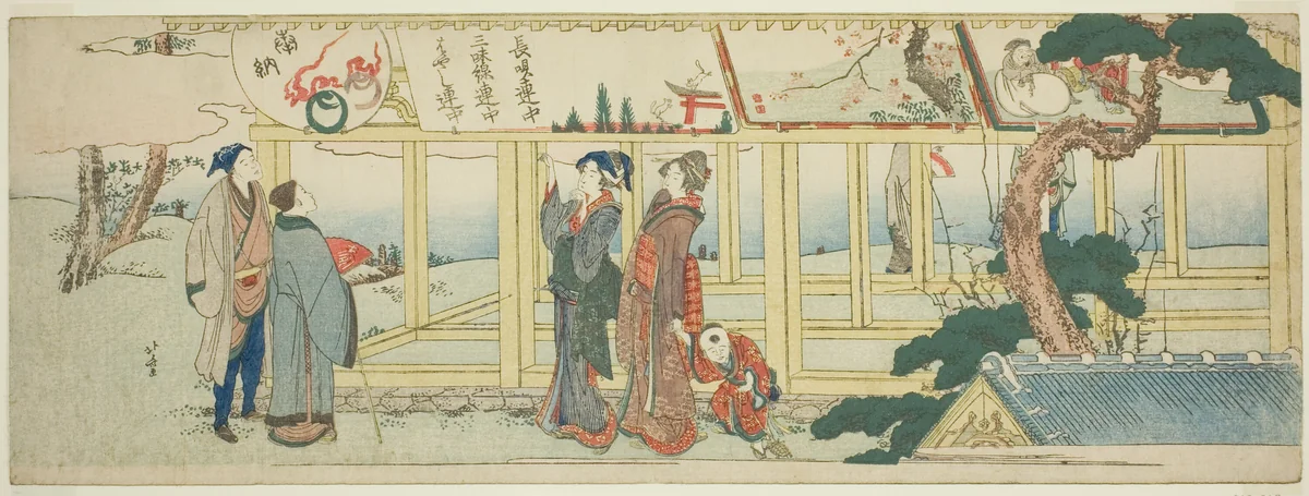 Viewing votive paintings by Katsushika Hokusai (葛飾 北斎), print, 1795-1805
