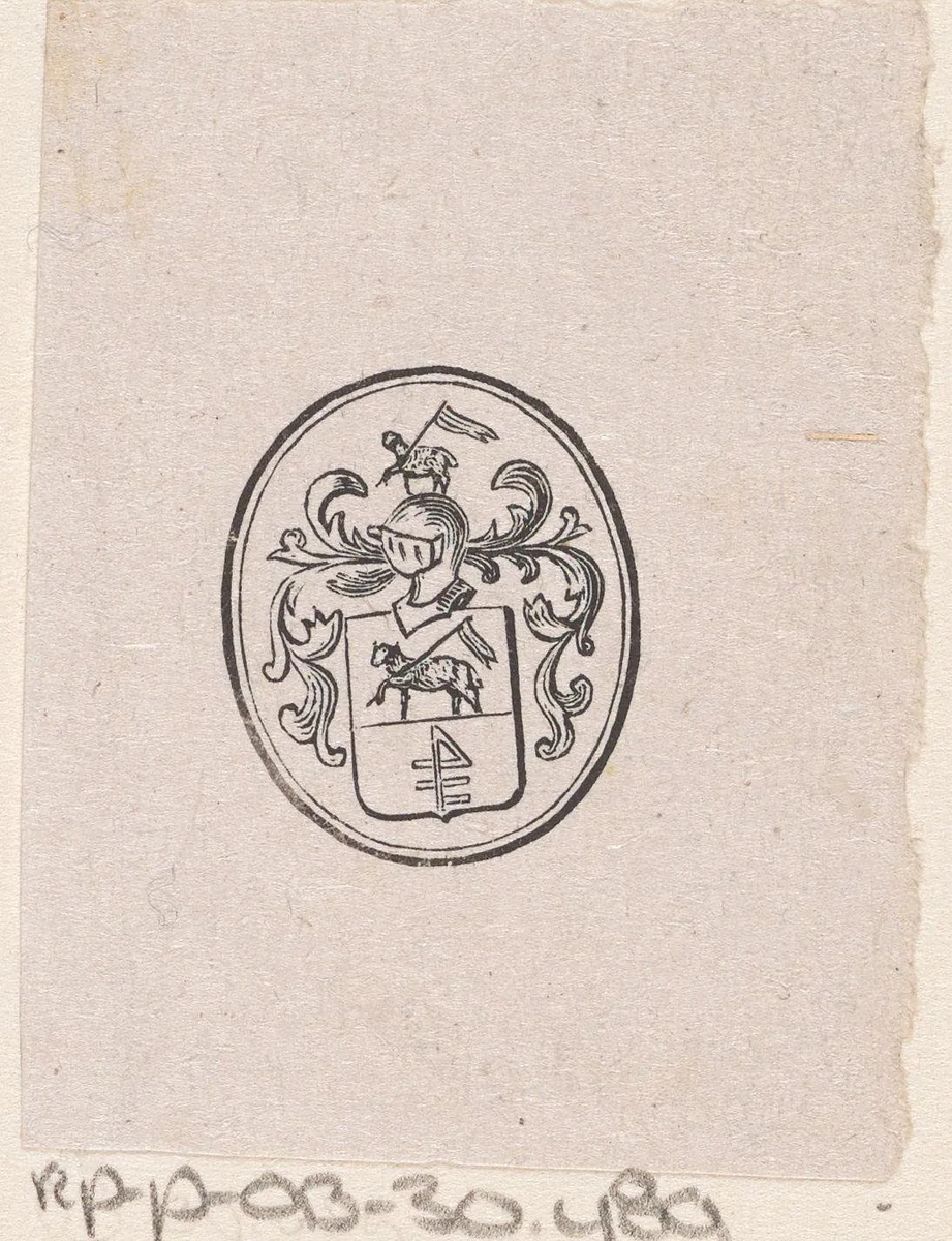 Vignet met een helm, een dier met een vaandel en een wapen in een ovaal by Isaac Weissenbruch, print, 1836-1912