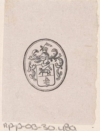 Vignet met een helm, een dier met een vaandel en een wapen in een ovaal by Isaac Weissenbruch, print, 1836-1912