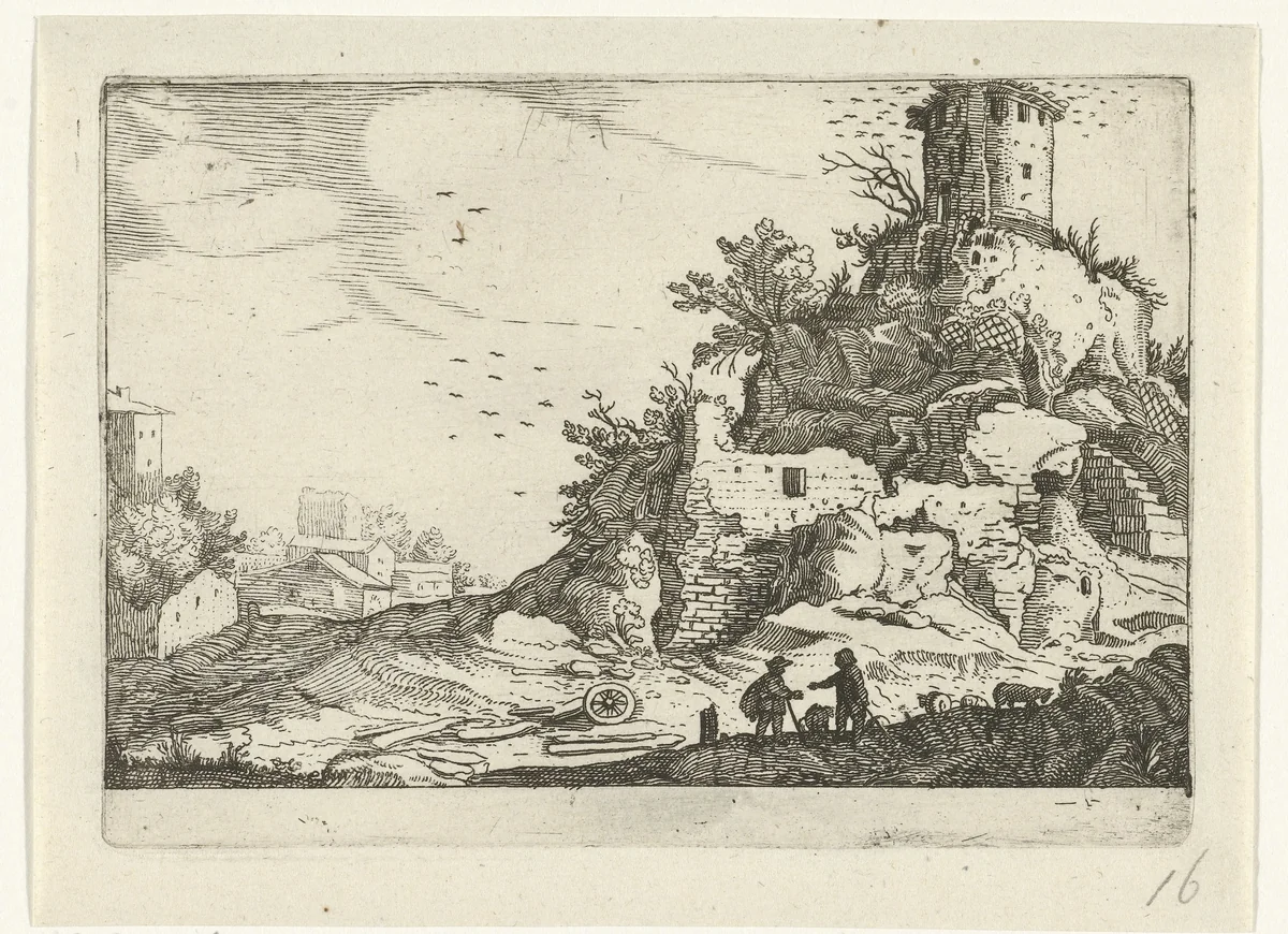Ruïne van een toren by anonymous, print, 1594-1685