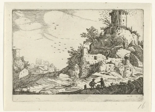 Ruïne van een toren by anonymous, print, 1594-1685