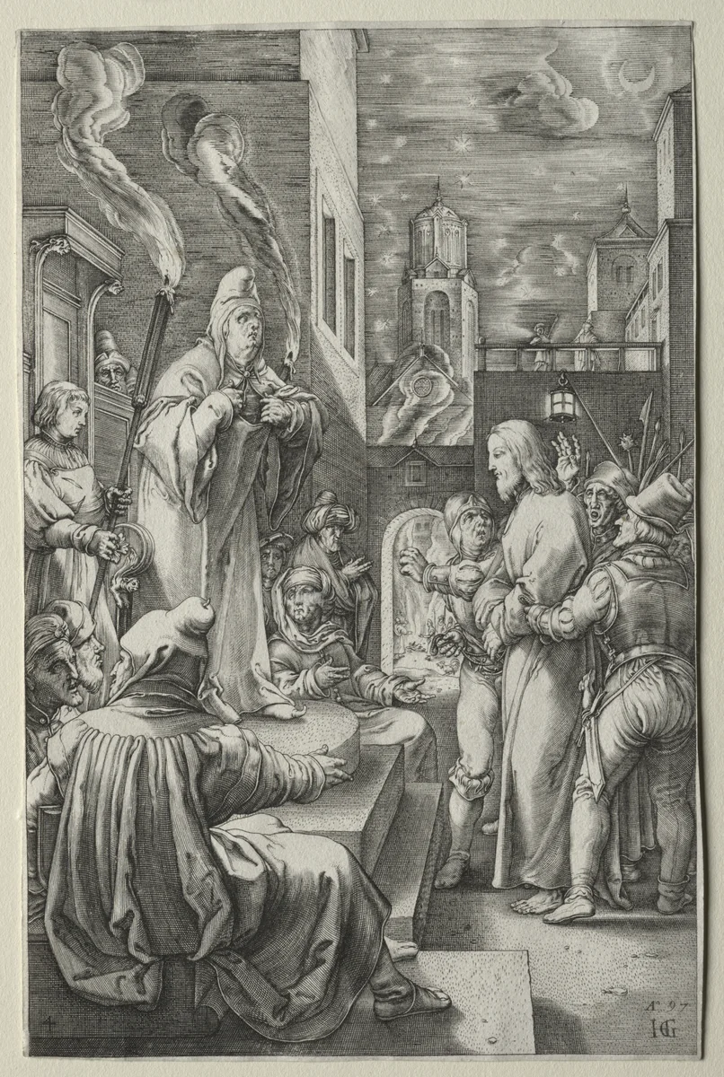 The Passion: Christ before Caiaphas by Hendrick Goltzius, print, 1592-1602