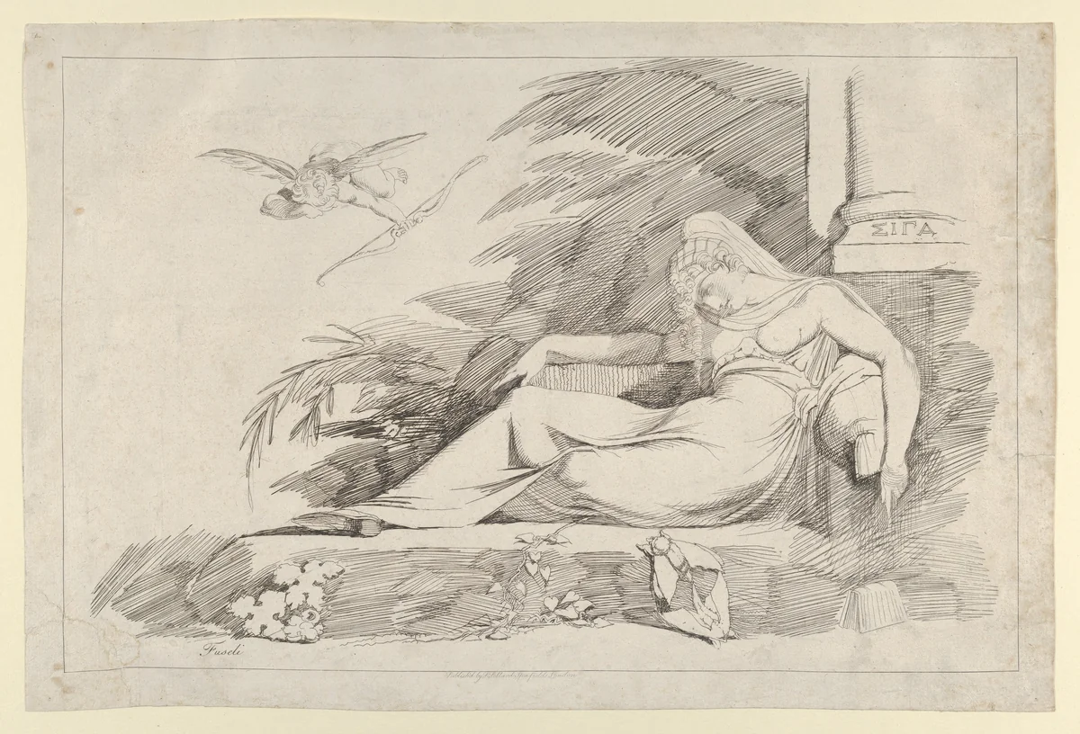 Sleeping Woman with a Cupid (Hush) by Henry Fuseli, print, 1780-1790