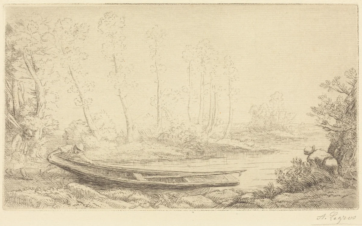 Man with a Punt, Figure to the Right (Pecheurs des truites) by Alphonse Legros, print, 1837-1911